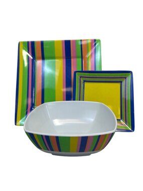 Citrus Grove Melamine Dinnerware 18 Piece Set Colorful Striped Plates Bowls Outd